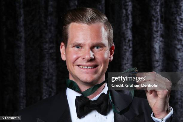 Steve Smith poses after winning the Allan Border Medal during the 2018 Allan Border Medal at Crown Palladium on February 12, 2018 in Melbourne,...