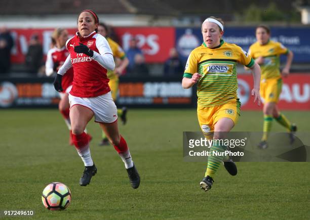 Alex Scott of Arsenal and Megan Robinson of Yeovil Town Ladies during Women's Super League 1match between Arsenal against Yeovil Town Ladies at...