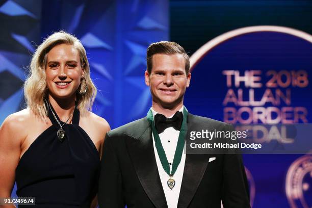 Steve Smith poses after he wins the Alan Border Medal with Ellyse Perry who won the Belinda Clark Award at the 2018 Allan Border Medal at Crown...