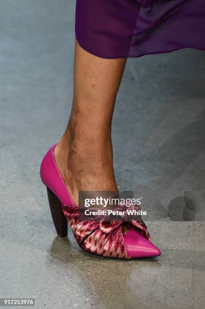 Model, shoe detail, walks the runway during the Prabal Gurung fashion show during New York Fashion Week at Gallery I at Spring Studios on February...