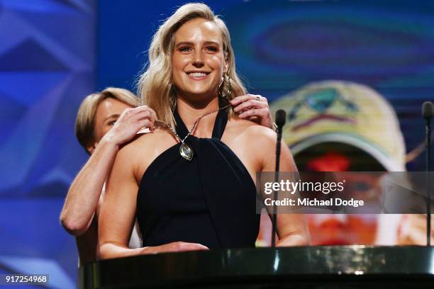 Ellyse Perry receives the Belinda Clark Award from Belinda Clark at the 2018 Allan Border Medal at Crown Palladium on February 12, 2018 in Melbourne,...