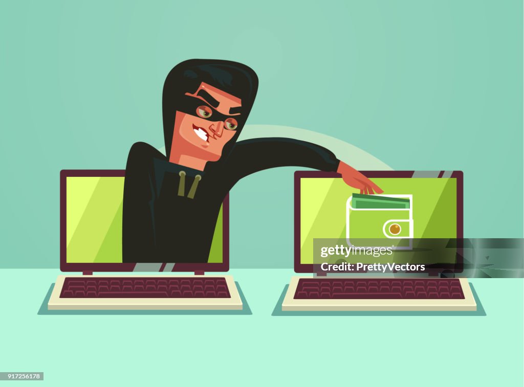 Computer hacker character stealing money online