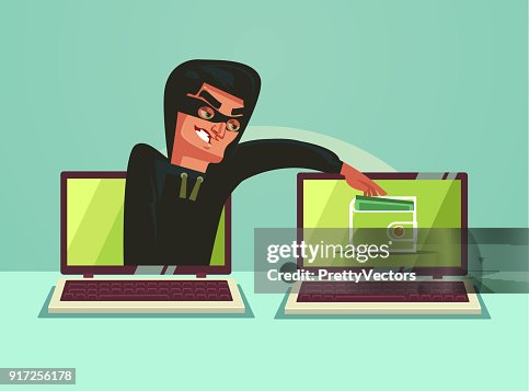 Computer hacker character stealing money online Computer hacker character stealing money online