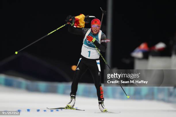 Laura Dahlmeier of Germany celebrates during the Women's Biathlon 10km Pursuit on day three of the PyeongChang 2018 Winter Olympic Games at Alpensia...