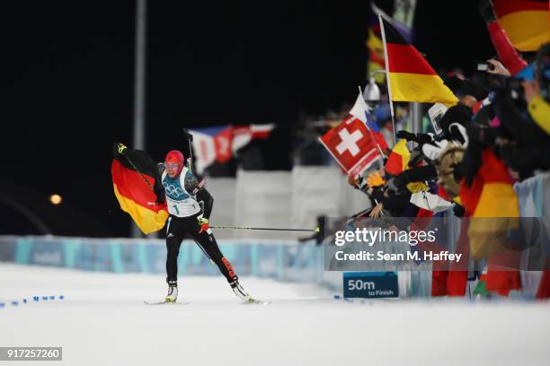 Laura Dahlmeier of Germany celebrates during the Women's Biathlon 10km Pursuit on day three of the PyeongChang 2018 Winter Olympic Games at Alpensia...