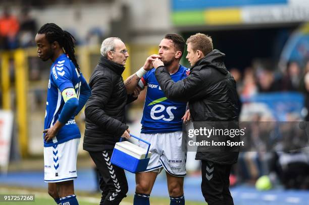 Anthony Goncalves of Strasbourg takes an anti inflamatory during the Ligue 1 match between Strasbourg and Troyes AC at on February 11, 2018 in...