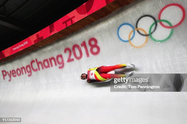 Natalie Geisenberger of Germany slides in the Women's Singles Luge run 1 at Olympic Sliding Centre on February 12, 2018 in Pyeongchang-gun, South...