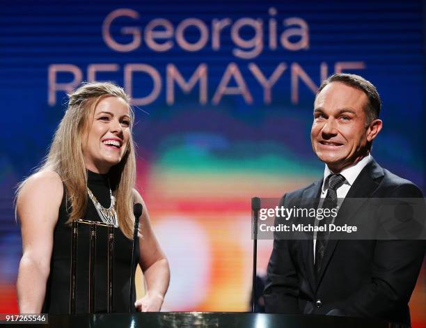 Georgia Redmayne speaks with host Michael Slater at the 2018 Allan Border Medal at Crown Palladium on February 12, 2018 in Melbourne, Australia.