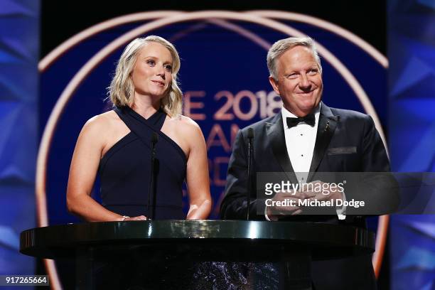 Alyssa Healy speaks with father Ian Healy at the 2018 Allan Border Medal at Crown Palladium on February 12, 2018 in Melbourne, Australia.