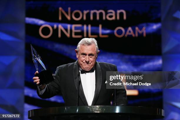 Mark O'Neill accepts the Hall Of Fame award for his late father Norman O'Neill at the 2018 Allan Border Medal at Crown Palladium on February 12, 2018...