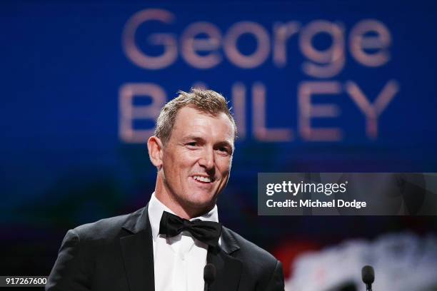 George Bailey speaks at the 2018 Allan Border Medal at Crown Palladium on February 12, 2018 in Melbourne, Australia.