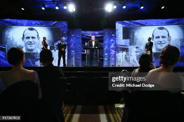 Mark O'Neill accepts the Hall Of Fame award for his late father Norman O'Neill at the 2018 Allan Border Medal at Crown Palladium on February 12, 2018...