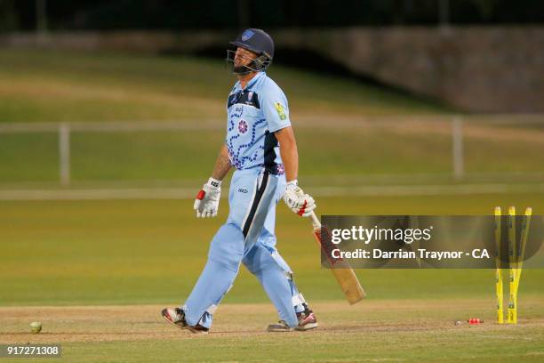 Brynley Richards of N.S.W. Is bowled by Nick Boland of Victoria in the mens final against Victoria during the 2018 Cricket Australia via Getty Images...