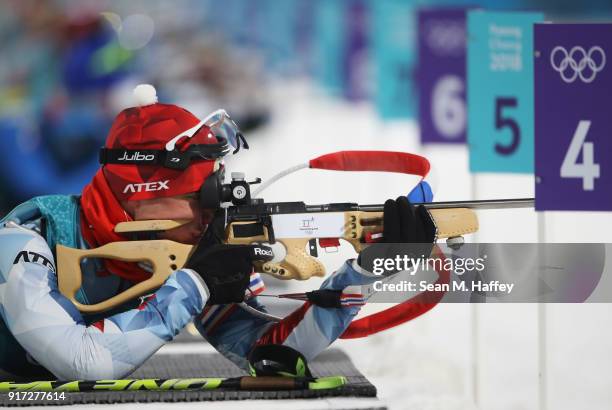 Julian Eberhard of Austria shoots during the Men's Biathlon 12.5km Pursuit on day three of the PyeongChang 2018 Winter Olympic Games at Alpensia...