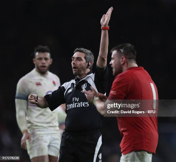 Jerome Garces, the referee awards a penalty during the NatWest Six Nations match between England and Wales at Twickenham Stadium on February 10, 2018...