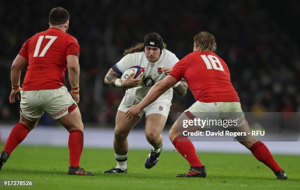 Harry Williams of England takes on Wyn Jones and Bradley Davies during the NatWest Six Nations match between England and Wales at Twickenham Stadium...