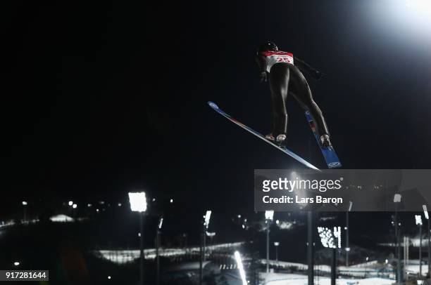 Juliane Seyfarth of Germany makes a trial jump during the Ladies' Normal Hill Individual Ski Jumping Final on day three of the PyeongChang 2018...