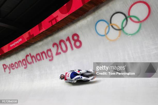 Eunryung Sung of Korea slides during the Women's Singles Luge run 1 at Olympic Sliding Centre on February 12, 2018 in Pyeongchang-gun, South Korea.