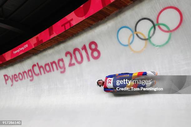 Raluca Stramaturaru of Romania slides during the Women's Singles Luge run 1 at Olympic Sliding Centre on February 12, 2018 in Pyeongchang-gun, South...