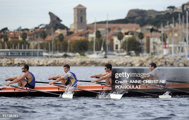 Athletes of the Marignane rowing club compete in the final event of the 13th edition of France's sea rowing Championships in La Ciotat, southern...