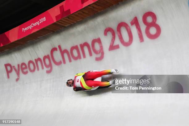 Natalie Geisenberger of Germany slides during the Women's Singles Luge run 1 at Olympic Sliding Centre on February 12, 2018 in Pyeongchang-gun, South...