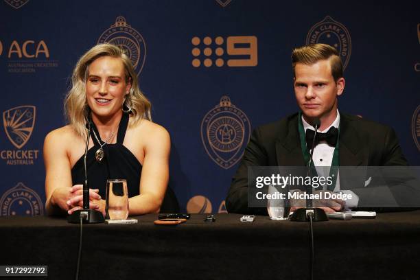 Allan Border Medal winner Steve Smith and Ellyse Perry who won the Belinda Clark Award speak to media at the 2018 Allan Border Medal at Crown...