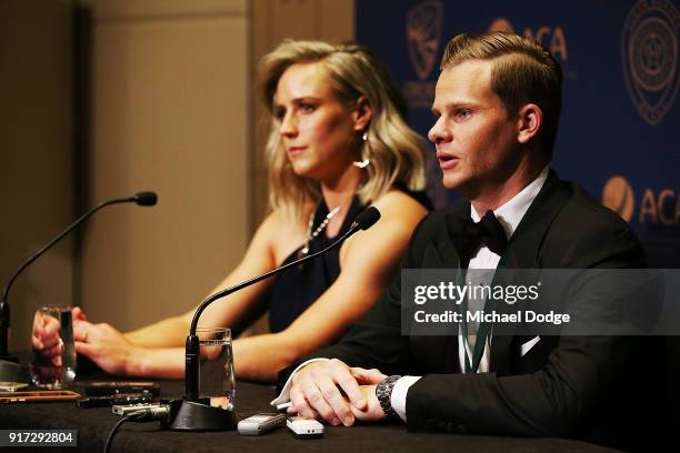 Allan Border Medal winner Steve Smith and Ellyse Perry who won the Belinda Clark Award speak to media at the 2018 Allan Border Medal at Crown...