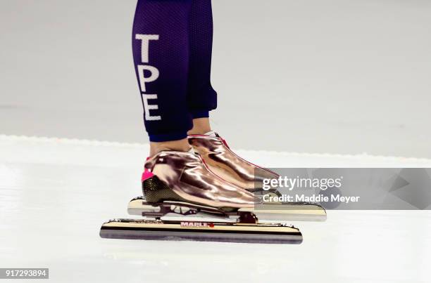 Detail view of the skates worn by Yu-Ting Huang of Chinese Taipei as she competes during the Ladies 1,500m Long Track Speed Skating final on day...