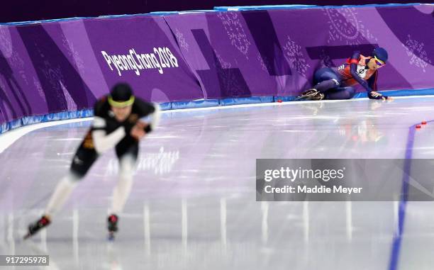 Yu-Ting Huang of Chinese Taipei falls while competing during the Ladies 1,500m Long Track Speed Skating final on day three of the PyeongChang 2018...