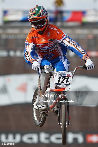 Raymon van der Biezen of Netherlands during the elite men's 1/8 finals during the UCI BMX Supercross World Cup at Roc d'Azur Frejus on October 10,...