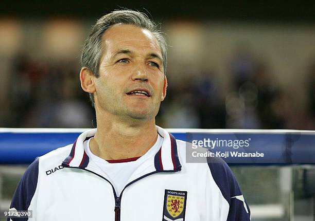 Scotland team coach George Burley waits for the start of the Kirin Challenge Cup 2009 match between Japan and Scotland at Nissan Stadium on October...
