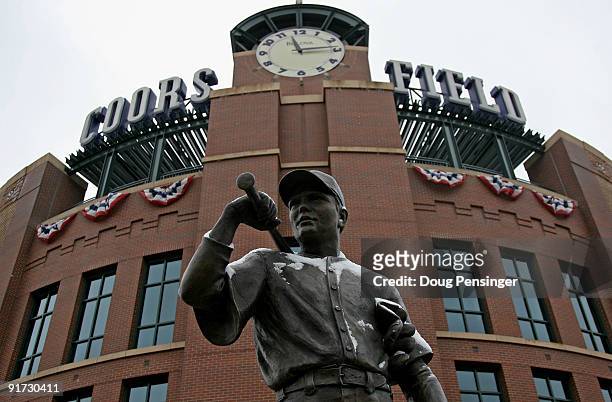 The statue of 'The Player' is dusted with snow outside the stadium as Game 3 of the National League Division series between the Philadelphia Phillies...