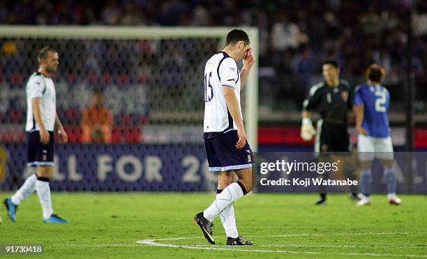 Lee Wallace of Scotland looks dejected during the Kirin Challenge Cup 2009 match between Japan and Scotland at Nissan Stadium on October 10, 2009 in...