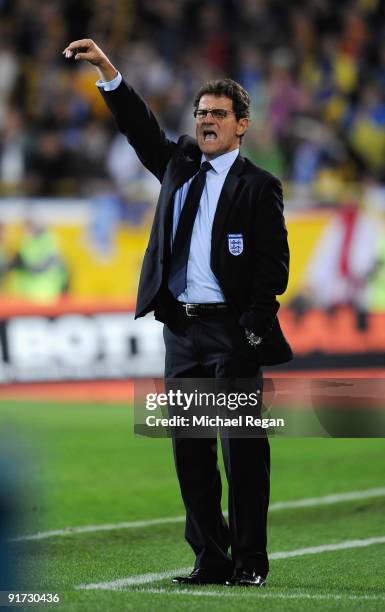 Fabio Capello shouts instructions during the FIFA 2010 World Cup Group 6 Qualifying match between Ukraine and England at the Dnipro Arena on October...