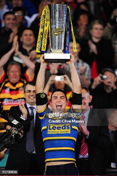 Kevin Sinfield of Leeds Rhinos lift the trophy after winning the Engage Super League Grand Final between Leeds Rhinos and St Helens at Old Trafford...