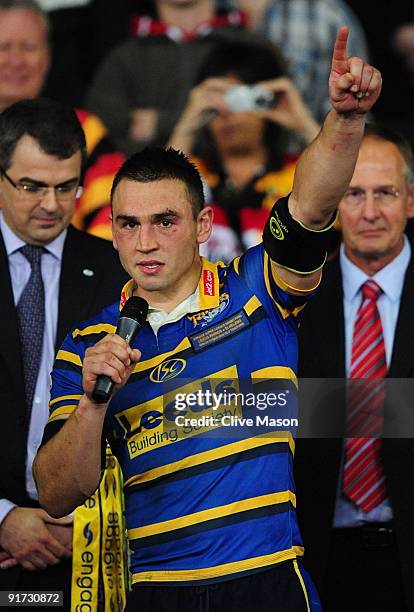 Kevin Sinfield of Leeds Rhinos addresses the fans after winning the Engage Super League Grand Final between Leeds Rhinos and St Helens at Old...