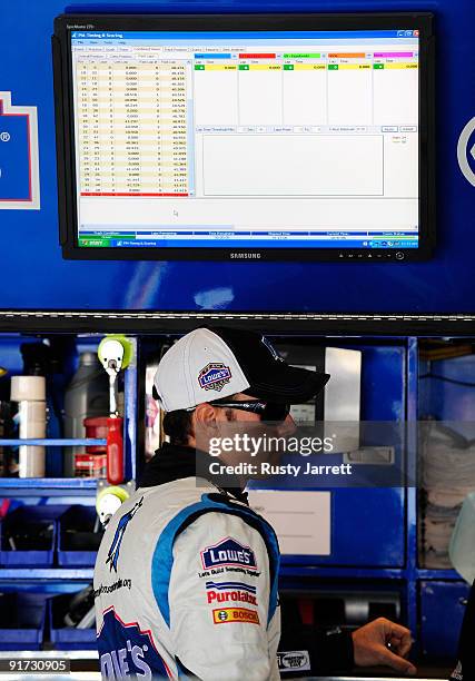 Jimmie Johnson, driver of the Lowe's Chevrolet, waits in the garage during practice for the NASCAR Sprint Cup Series Pepsi 500 at Auto Club Speedway...