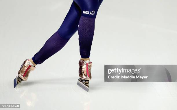 Detail view of the skates worn by Yu-Ting Huang of Chinese Taipei as she competes during the Ladies 1,500m Long Track Speed Skating final on day...