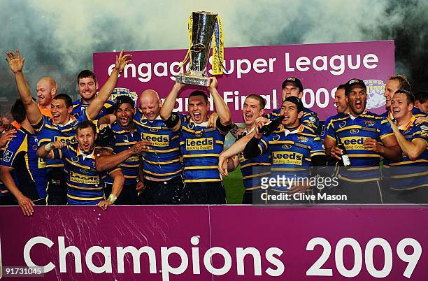 Kevin Sinfield of Leeds Rhinos lifts the trophy after winning the Engage Super League Grand Final between Leeds Rhinos and St Helens at Old Trafford...