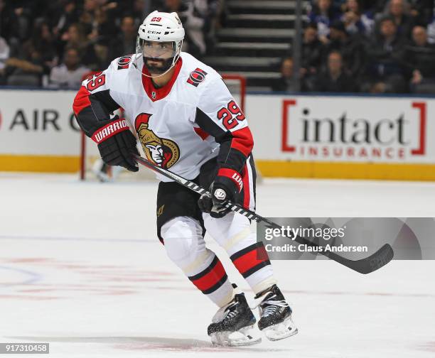 Johnny Oduya of the Ottawa Senators skates against the Toronto Maple Leafs during an NHL game at the Air Canada Centre on February 10, 2018 in...