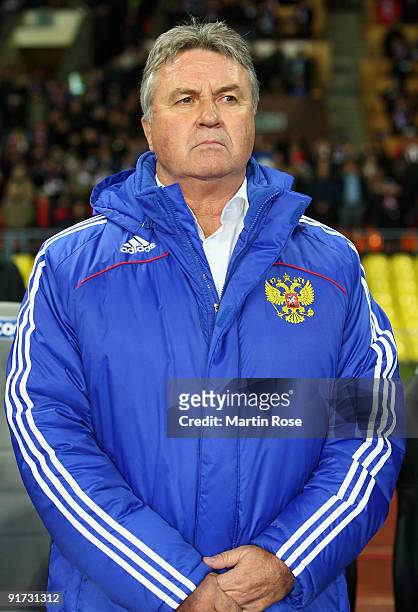Head coach Guus Hiddink of Russia looks on prior to the FIFA 2010 World Cup Group 4 Qualifier match between Russia and Germany at the Luzhniki...