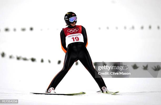Daniela Iraschko-Stolz of Austria lands a jump during the Ladies' Normal Hill Individual Ski Jumping Final on day three of the PyeongChang 2018...