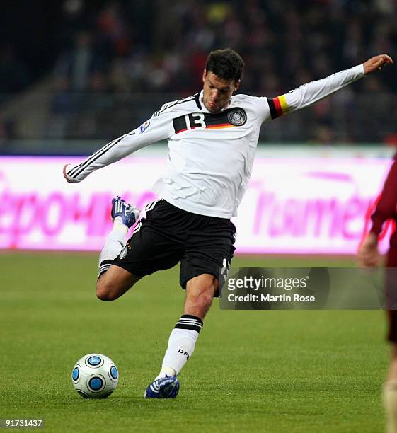 Michael Ballack of Germany runs with the ball during the FIFA 2010 World Cup Group 4 Qualifier match between Russia and Germany at the Luzhniki...
