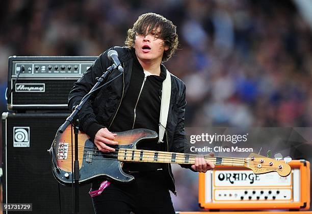 Tord Overland Knudsen of the Wombats performs prior to the Engage Super League Grand Final between Leeds Rhinos and St Helens at Old Trafford on...