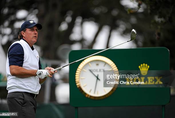 Phil Mickelson of the U.S. Team tees off on the 15th hole during the third round morning foursome matches for The Presidents Cup at Harding Park Golf...