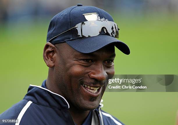 Team assistant Michael Jordan watches the action on during the third round morning foursome matches for The Presidents Cup at Harding Park Golf Club...