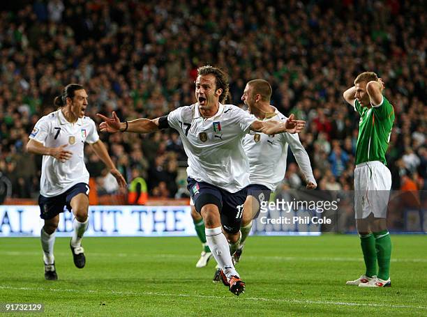 Alberto Gilardino of Italy celabrates scoring during the FIFA 2010 World Cup European Qualifying match between the Republic of Ireland and Italy at...