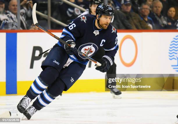 Winnipeg Jets Right Wing Blake Wheeler skates up ice during a NHL game between the Winnipeg Jets and New York Rangers on February 11, 2018 at Bell...