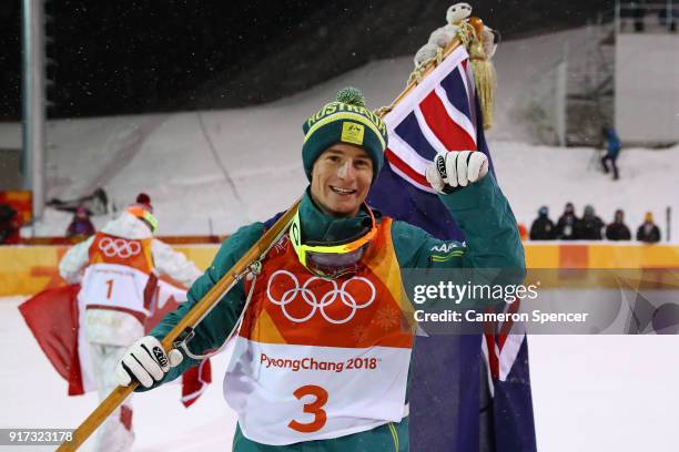 Silver medalist Matt Graham of Australia celebrates in the Freestyle Skiing Men's Moguls Final on day three of the PyeongChang 2018 Winter Olympic...