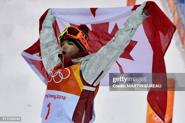 Canada's Mikael Kingsbury celebrates after the men's moguls final during the Pyeongchang 2018 Winter Olympic Games at the Phoenix Park in Pyeongchang...